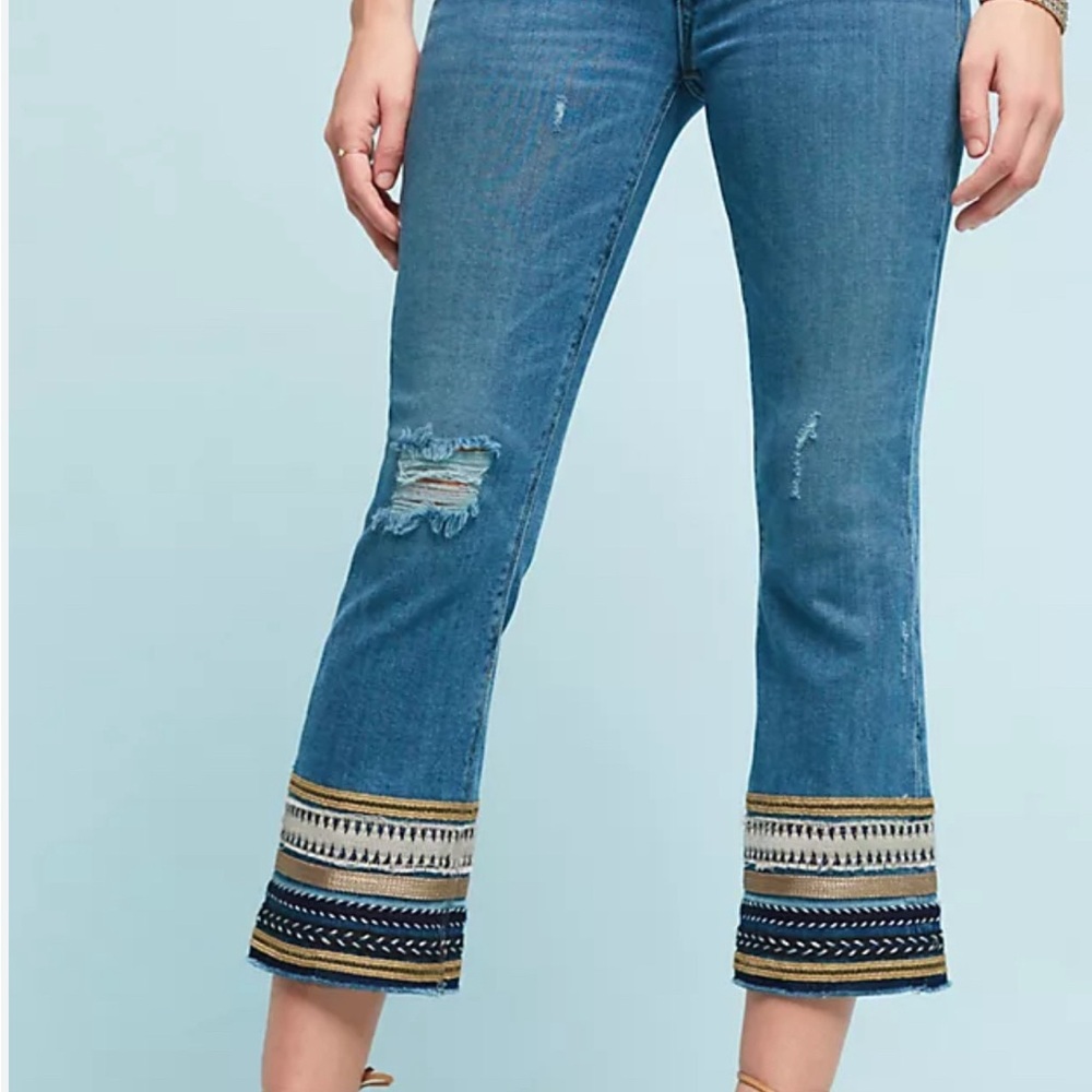 Anthropologie Blue Cropped Ankle Jeans with Embroidery